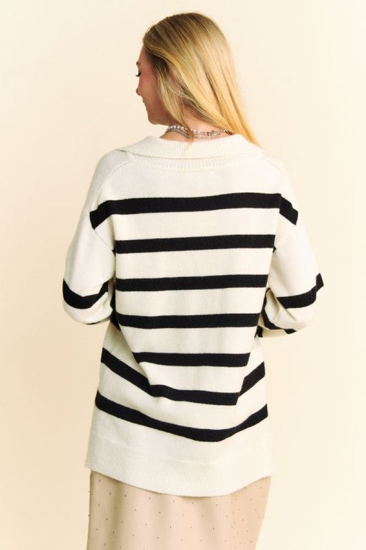 Davi & Dani High-Low Side Slit Striped Johnny Collar Sweater-Chaelisa's New Jammies