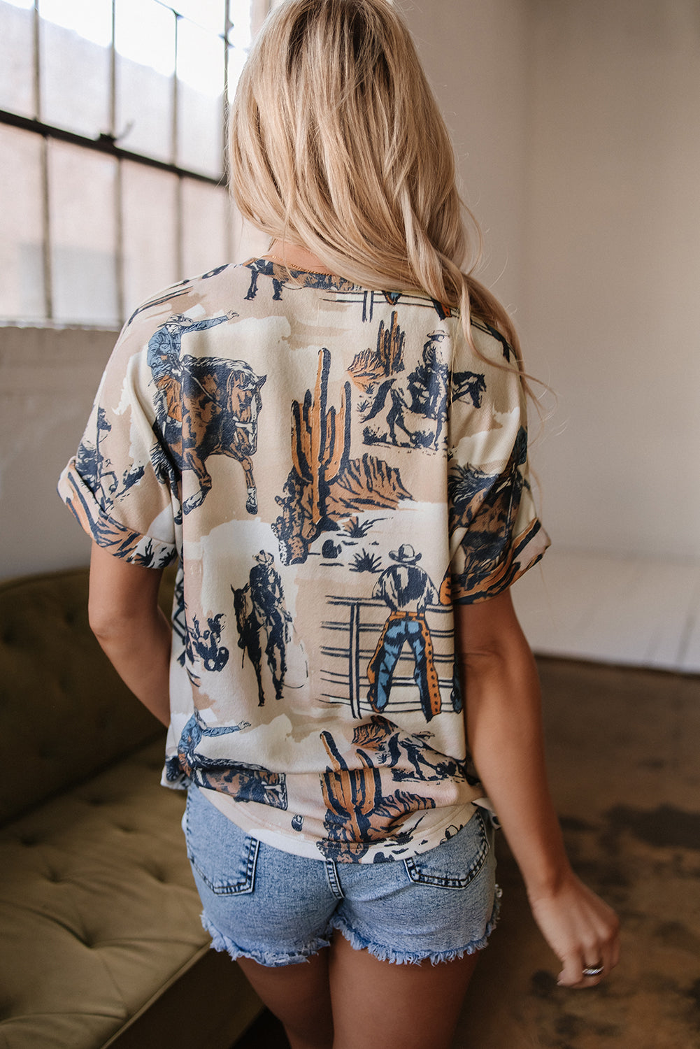 Khaki Western Cowboy Print Cuffed Sleeve Crewneck T Shirt-Chaelisa's New Jammies