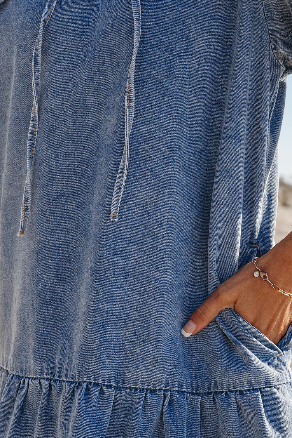 Dusk Blue Ruffled Collared Side Pockets Puff Sleeve Denim Mini Dress-Chaelisa's New Jammies