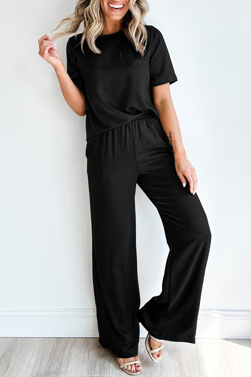 Black Solid Color T Shirt 2pcs Wide Leg Pants Set-Chaelisa's New Jammies