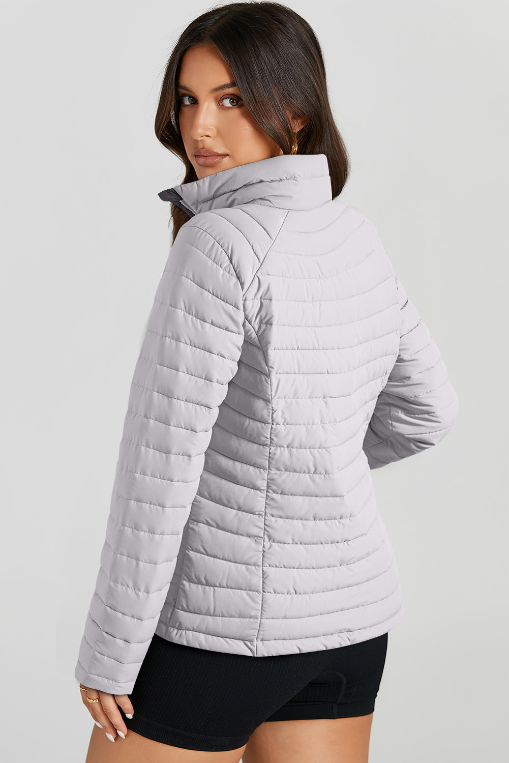 Silvery Solid Color Quilted Zip-up Puffer Jacket-Chaelisa's New Jammies