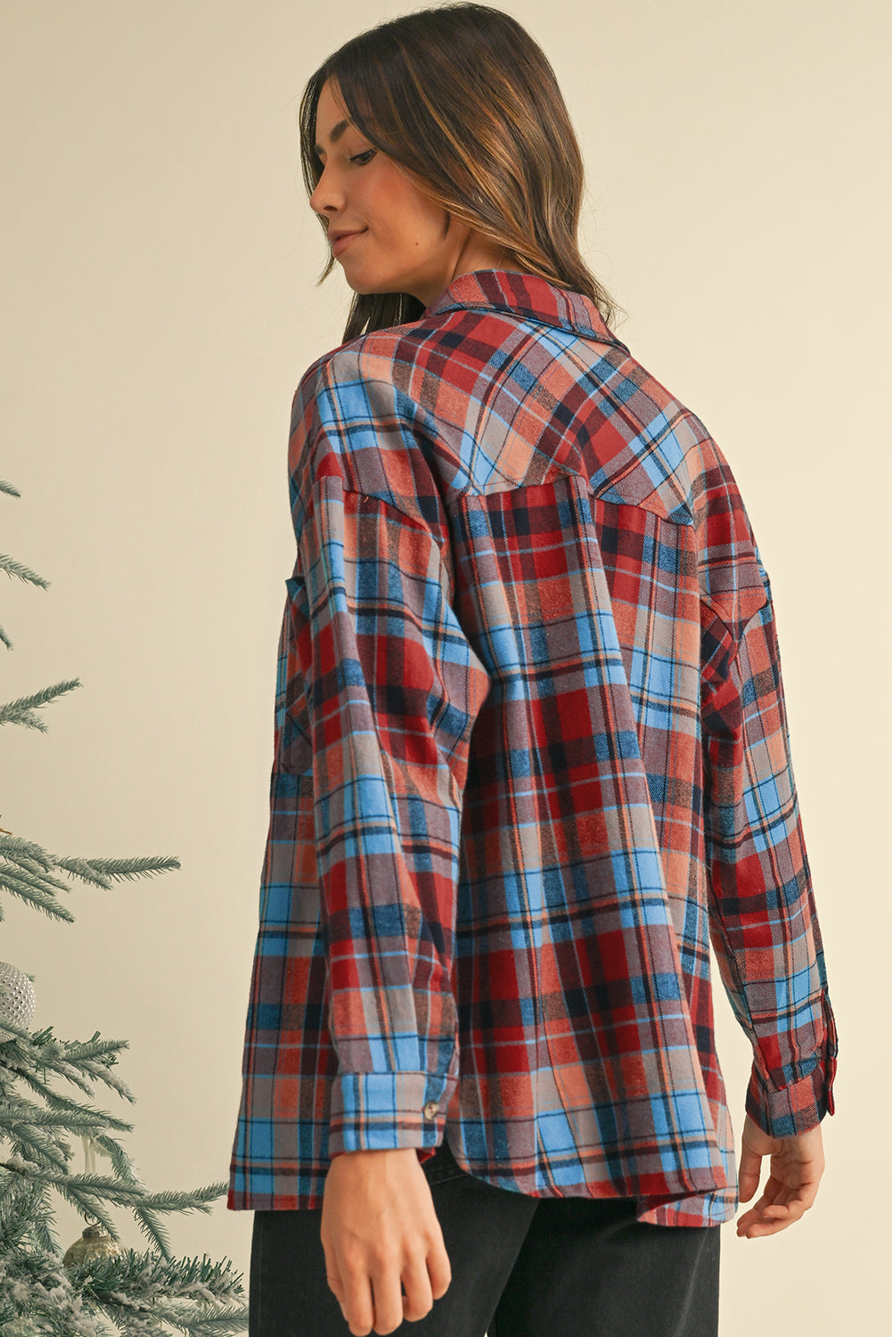 Red Plaid Print Drop Sleeve Loose Shirt-Chaelisa's New Jammies
