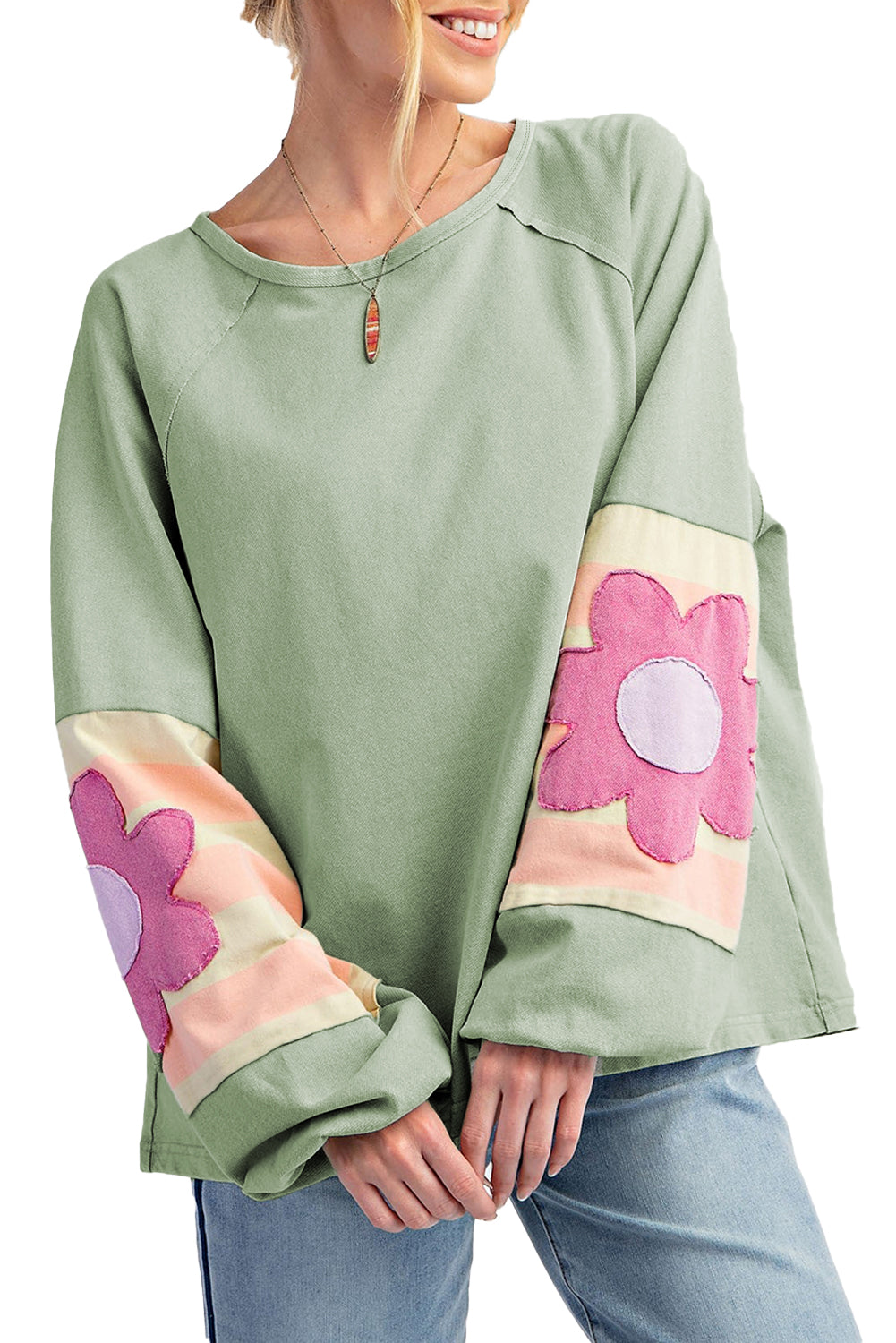 Smoke Green Flower Patchwork Raglan Sleeve Exposed Seam Oversized Top-Chaelisa's New Jammies