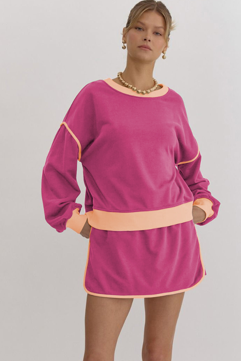 Rose Red Color Contrast Loose Pullover and Lace-up Waist Skort Set-Chaelisa's New Jammies
