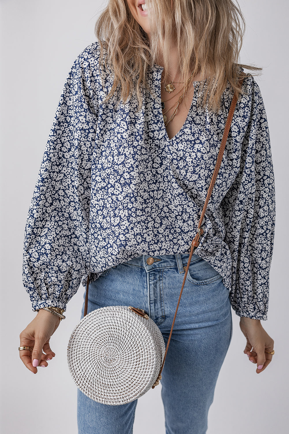 Blue Floral Print Notched V Neck Puff Sleeve Blouse-Chaelisa's New Jammies