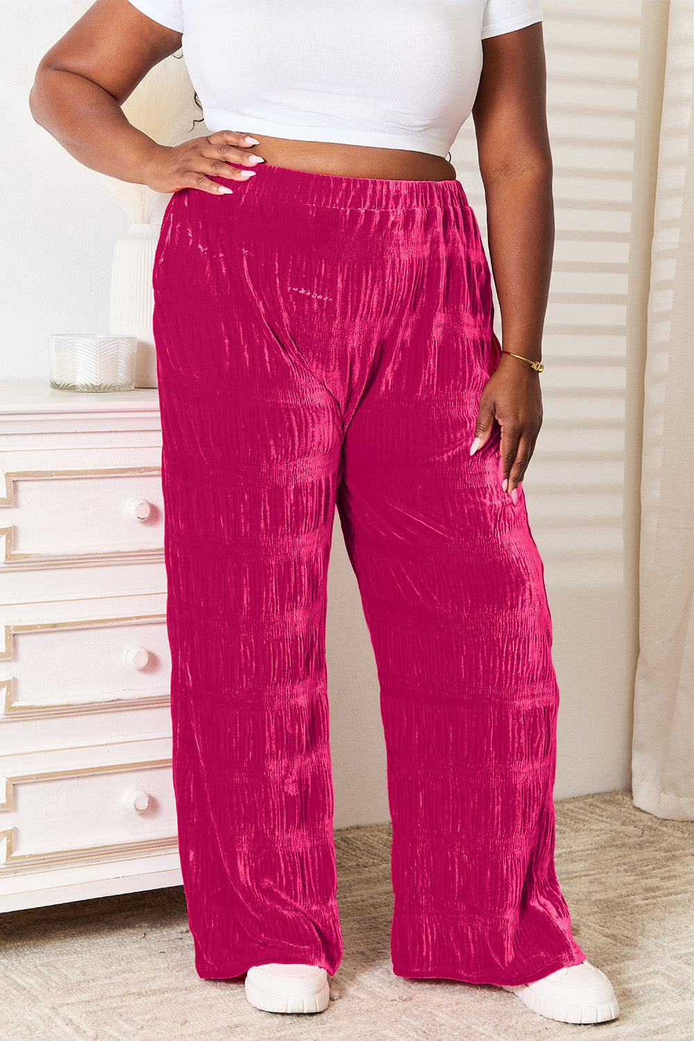 Double Take Full Size High Waist Tiered Shirring Velvet Wide Leg Pants-Chaelisa's New Jammies