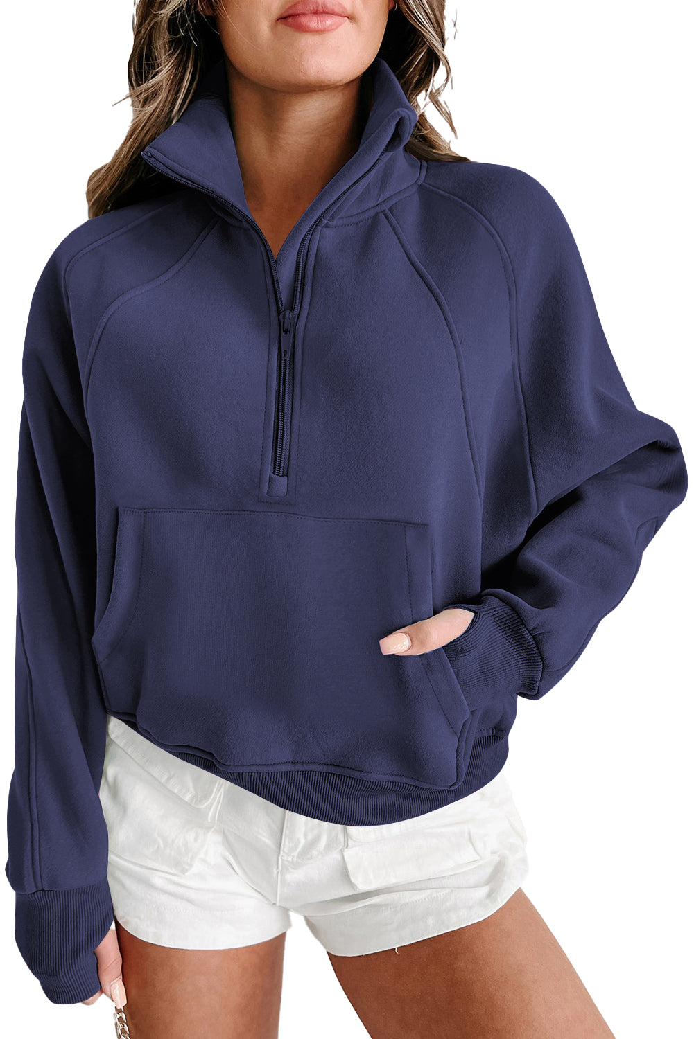 Gray Zip Up Stand Collar Ribbed Thumbhole Sleeve Sweatshirt-Chaelisa's New Jammies