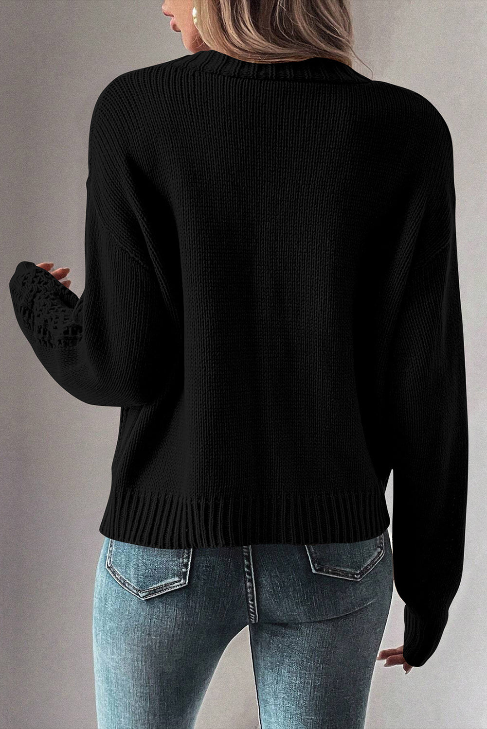 Black Open Knit Drop Shoulder Sweater Cardigan-Chaelisa's New Jammies