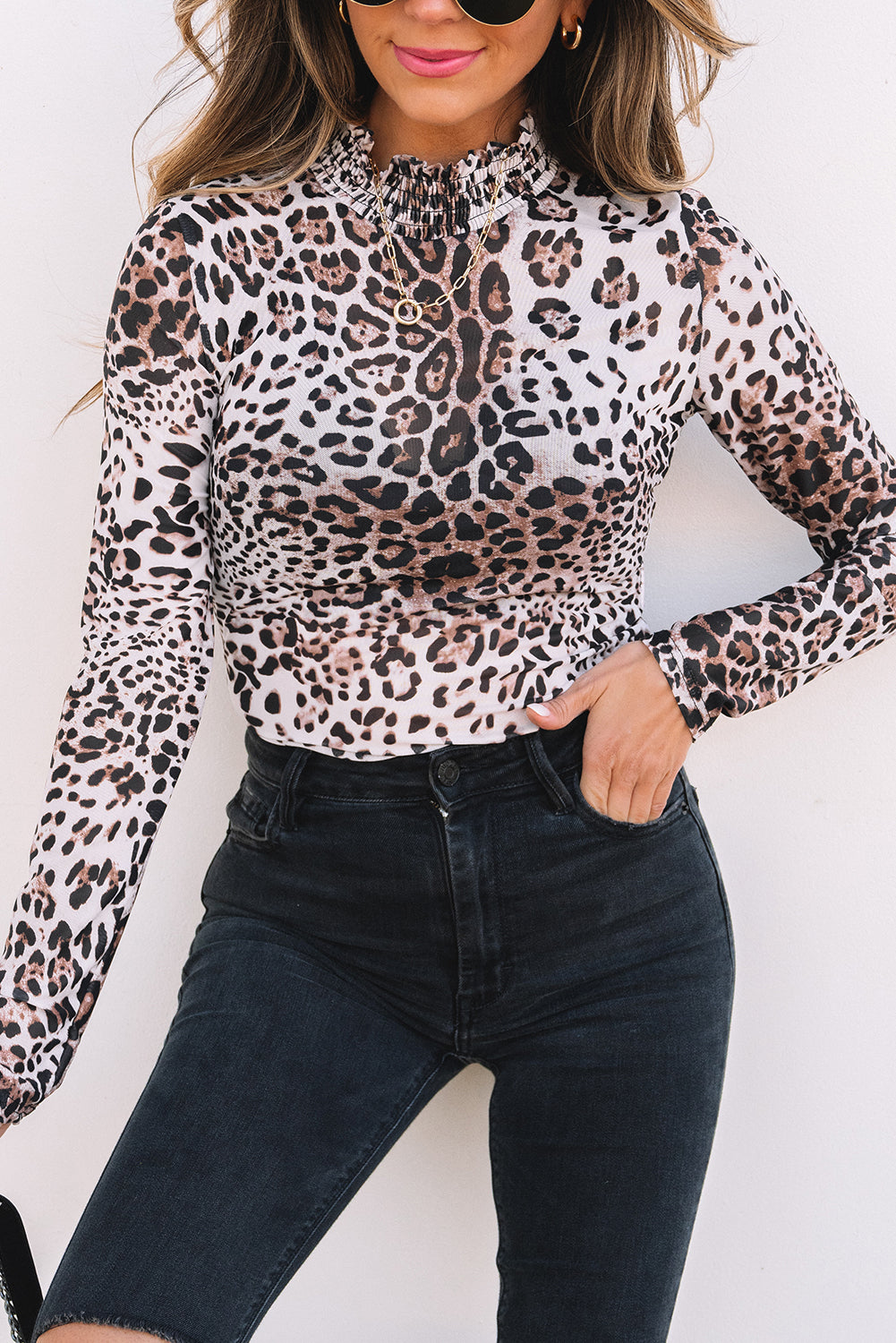 Brown Leopard Smocked Neck Mesh Long Sleeve Bodysuit-Chaelisa's New Jammies