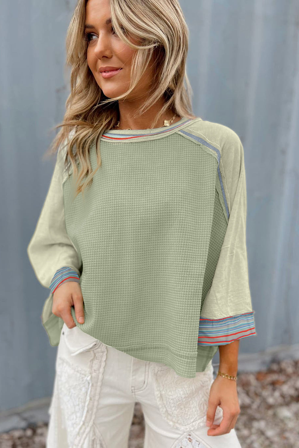 Meadow Mist Green Waffle Knit Wide Bracelet Sleeve Patchwork Raglan Top-Chaelisa's New Jammies