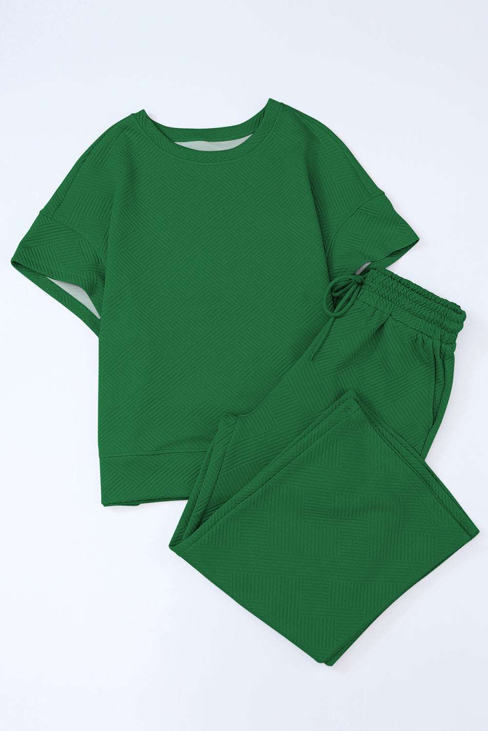 Dark Green Textured Loose Fit T Shirt and Drawstring Pants Set-Chaelisa's New Jammies