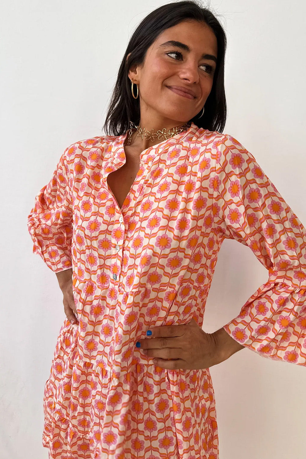 Orange Floral Print Flounce Sleeve Buttoned Front Mini Dress-Chaelisa's New Jammies