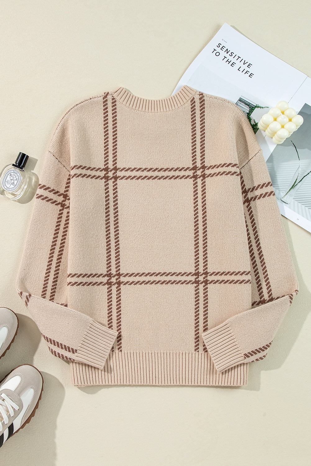 Khaki Plaid Pattern Knitted Drop Shoulder Sweater-Chaelisa's New Jammies