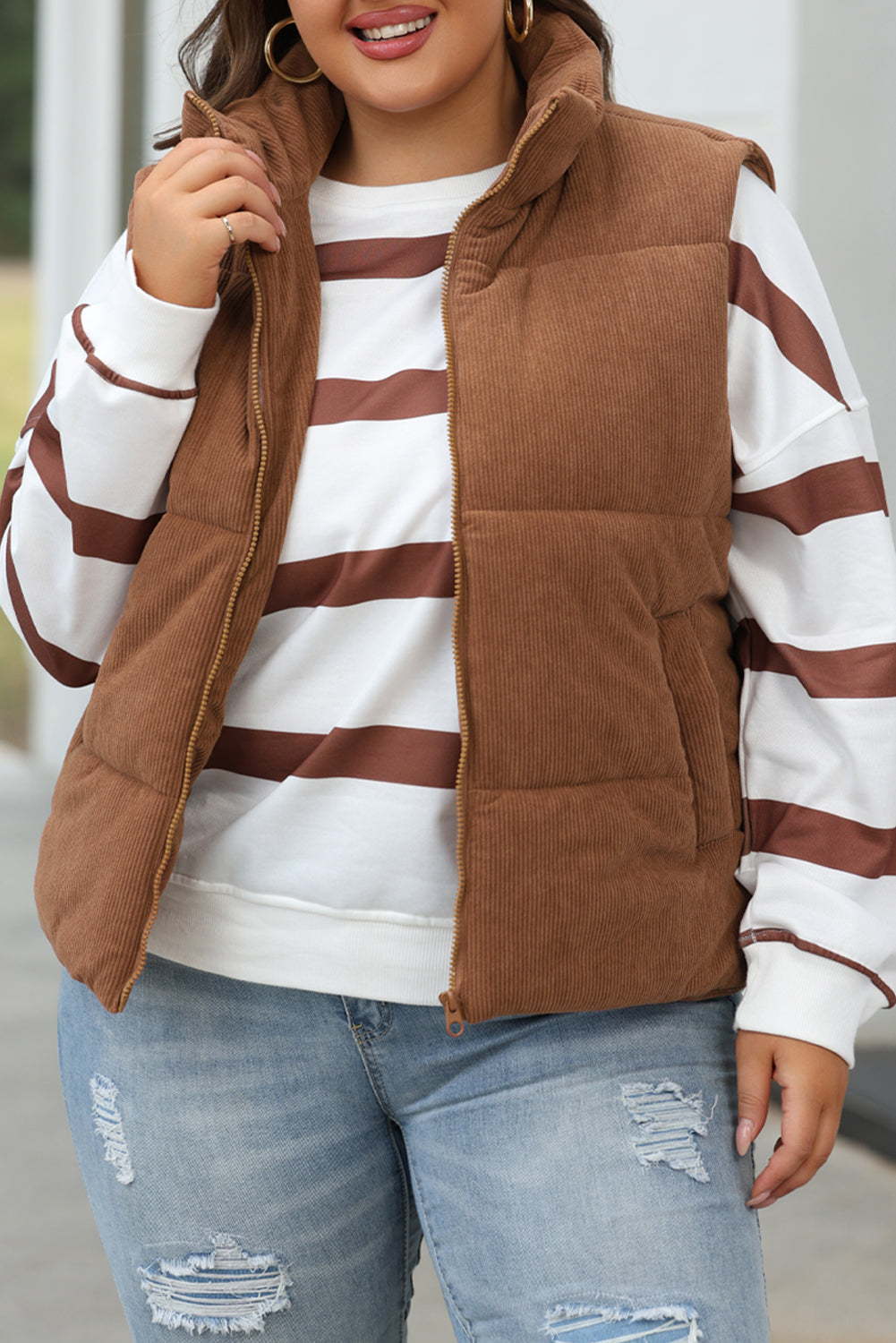 Coffee Corduroy Stand Neck Zipped Puffer Vest-Chaelisa's New Jammies