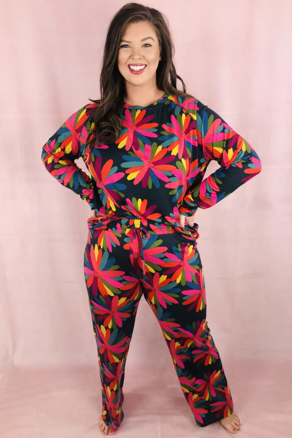 Black Plus Size Printed Long Sleeve and Pants Lounge Set-Chaelisa's New Jammies