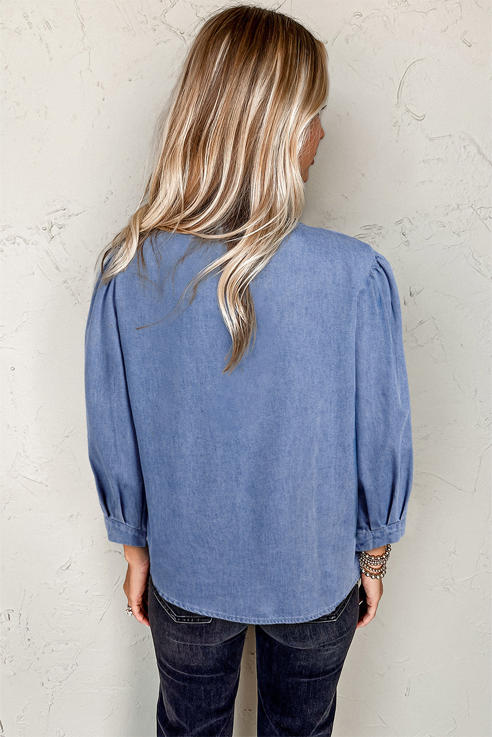 Myosotis Denim Front Pintuck Bow Tie Puff Sleeve Top-Chaelisa's New Jammies