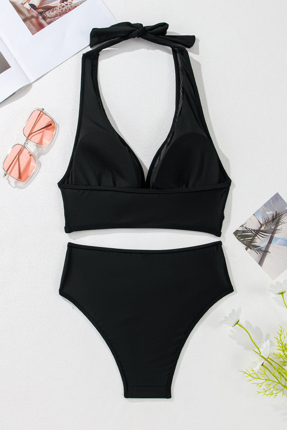 Black Sheer Mesh Edged Halter V Neck Push Up Bikini-Chaelisa's New Jammies