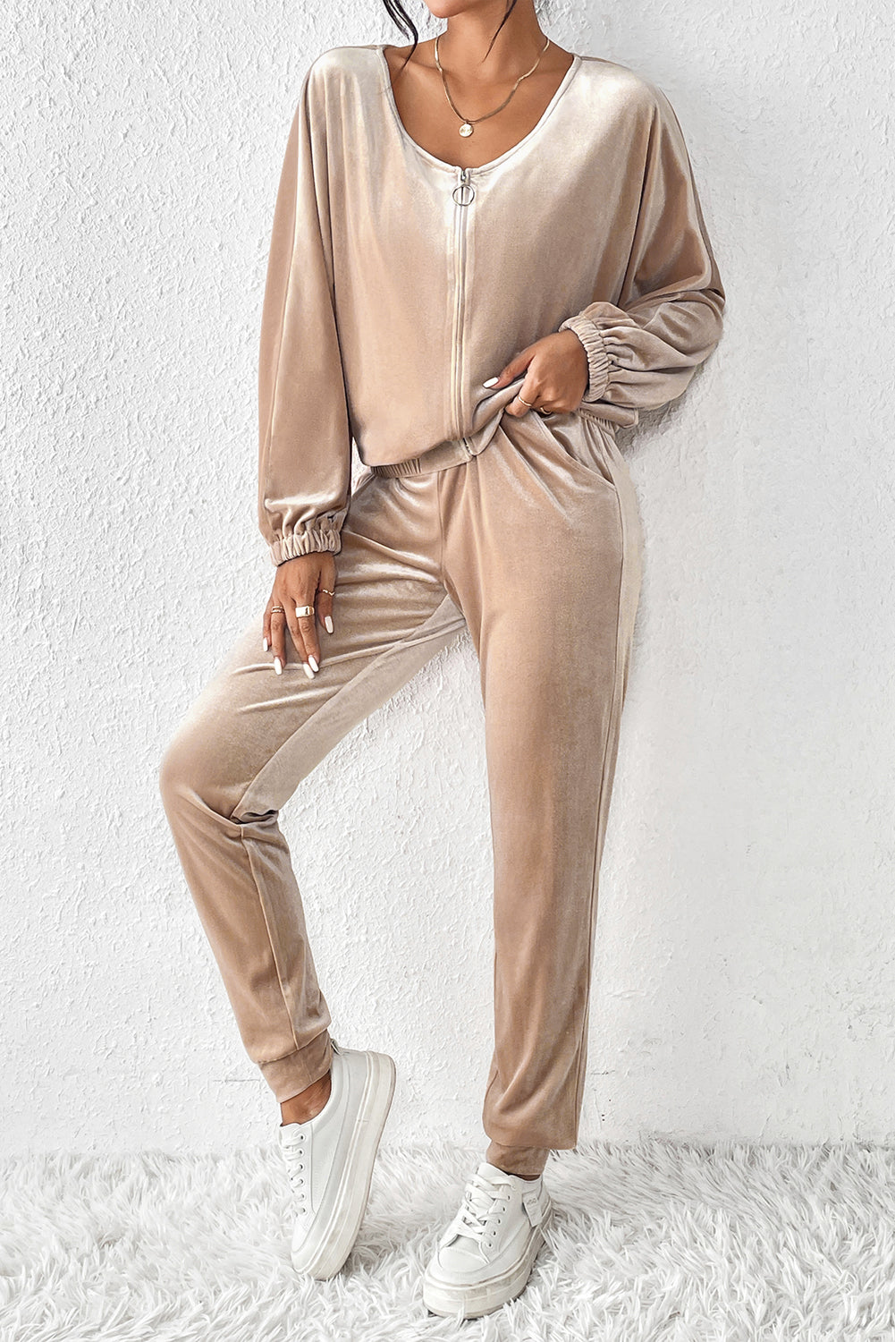Parchment Velvet Zipped Top and Joggers Two Piece Set-Chaelisa's New Jammies