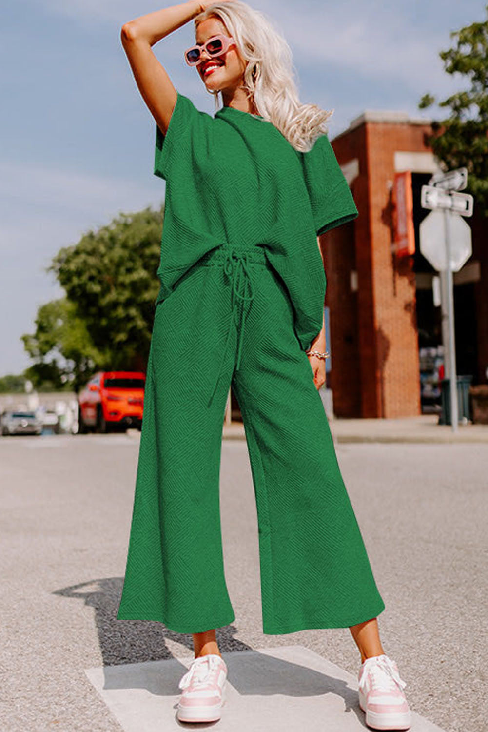 Dark Green Textured Loose Fit T Shirt and Drawstring Pants Set-Chaelisa's New Jammies