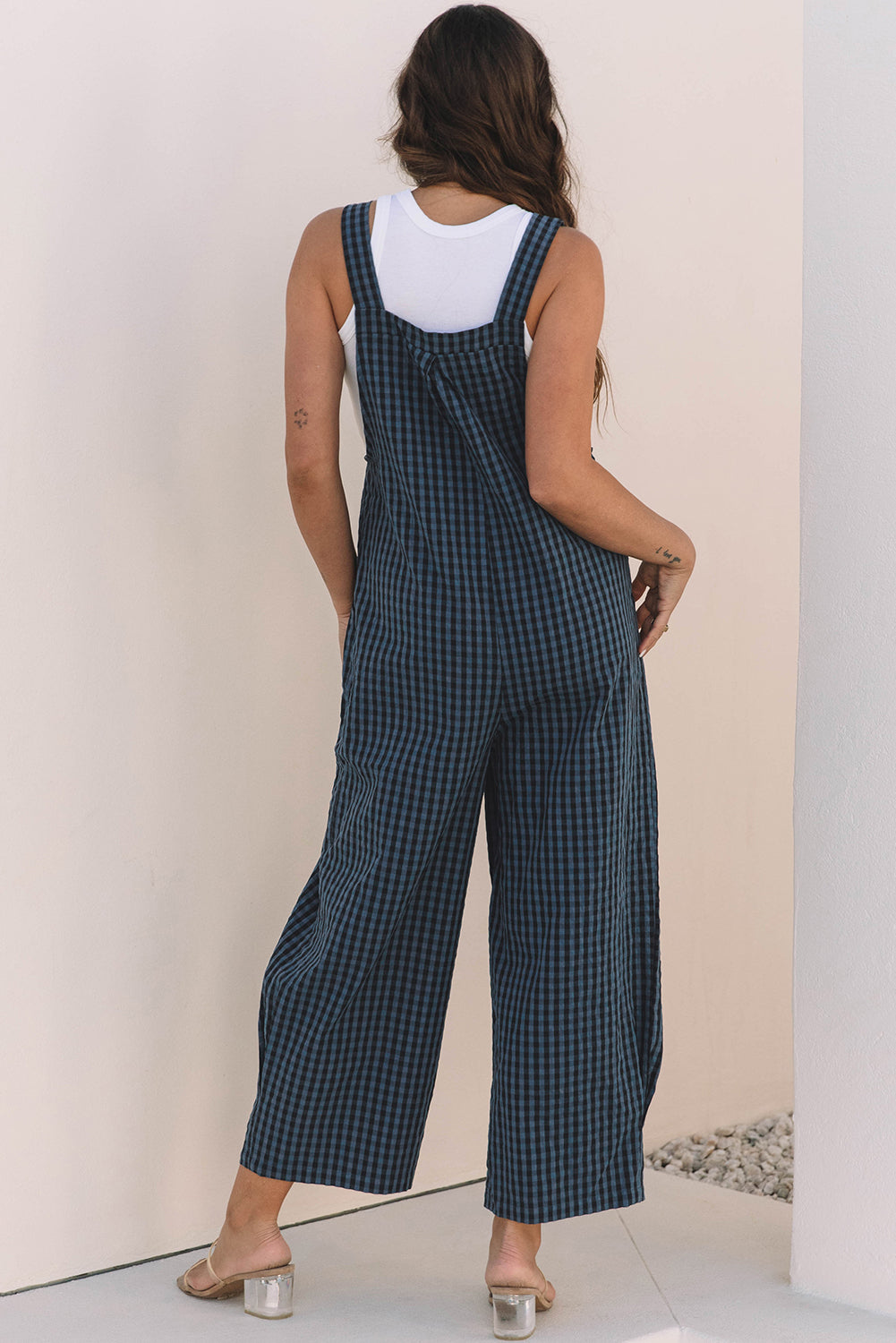 Sail Blue Plaid Print Buttoned Pocketed High Waist Overall-Chaelisa's New Jammies