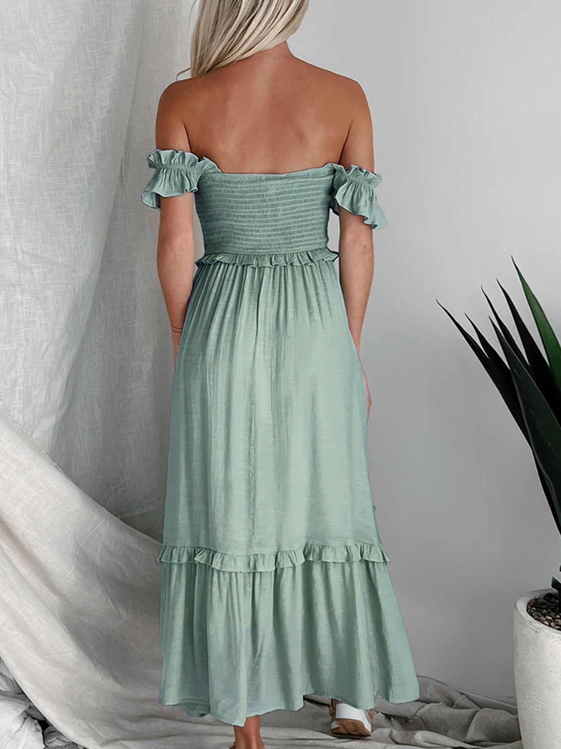 Frill Smocked Off-Shoulder Ruffle Sleeve Dress-Chaelisa's New Jammies