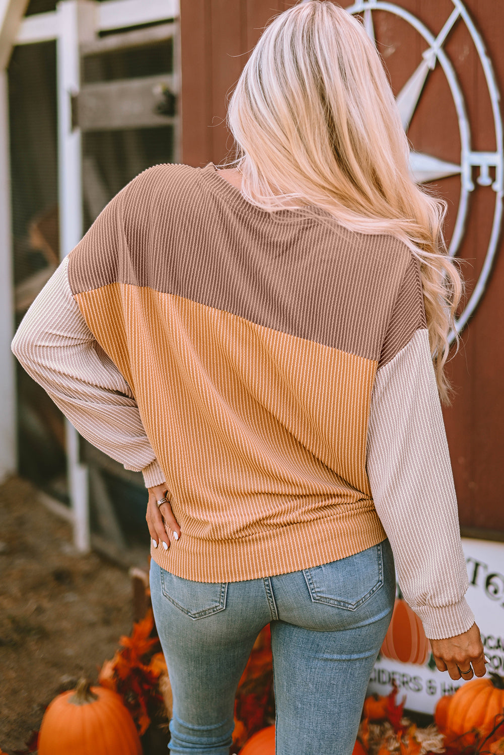 Khaki Color Block Long Sleeve Ribbed Loose Top-Chaelisa's New Jammies