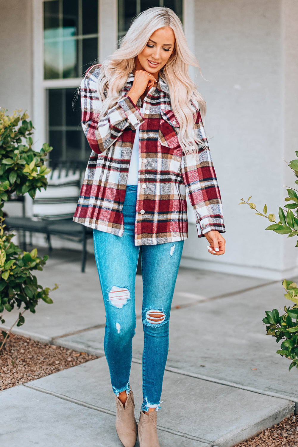 Fiery Red Geometric Plaid Print Pocketed Shacket-Chaelisa's New Jammies