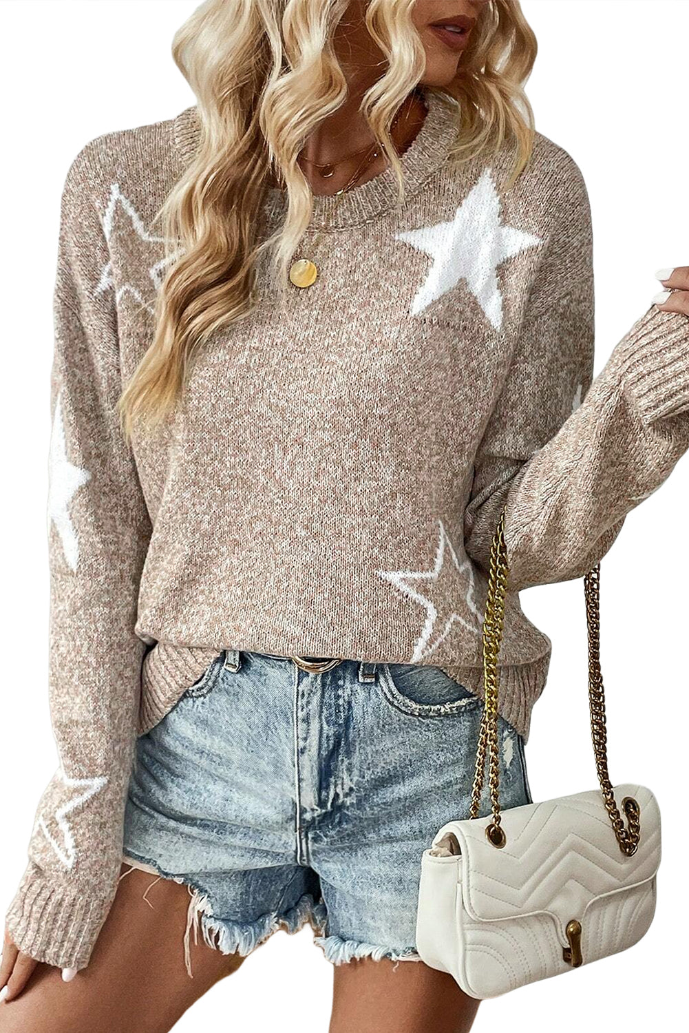 Khaki Star Pattern Drop Shoulder Knit Sweater-Chaelisa's New Jammies