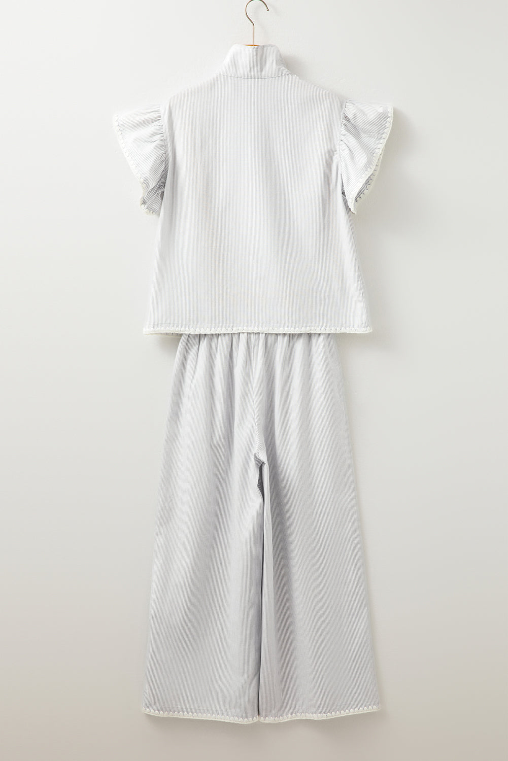 Gray Stripe Zipped up Collar Ruffled Sleeve Tee and Wide Leg Pants 2pcs Outfit-Chaelisa's New Jammies