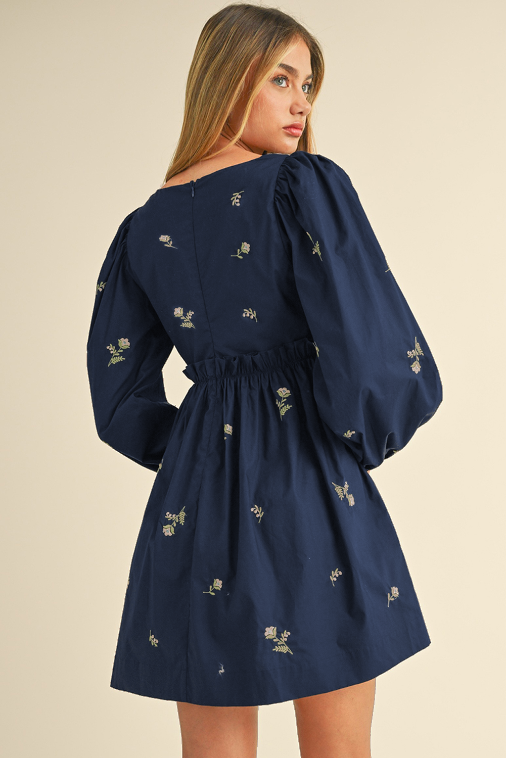 Blue Floral Embroidered Square Neck Puff Sleeve Ruffled Mini Dress-Chaelisa's New Jammies