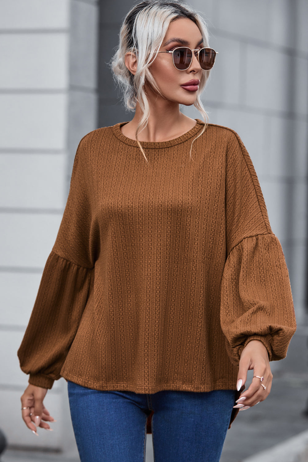 Faux Knit Jacquard Puffy Long Sleeve Top-Chaelisa's New Jammies