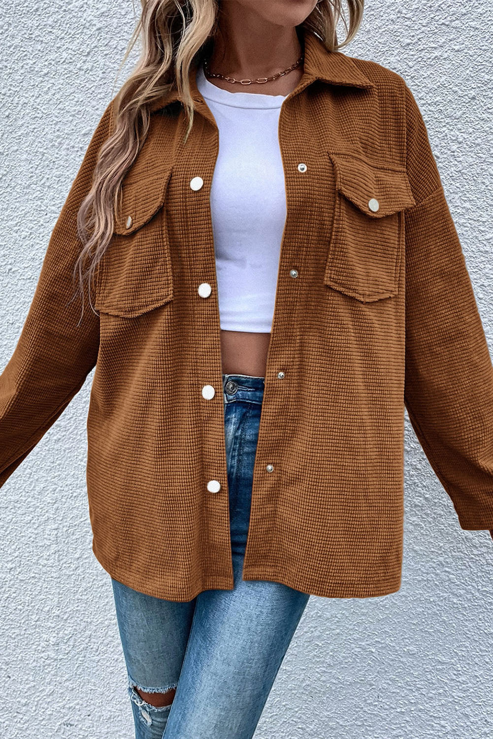 Brown Textured Flap Pocket Drop Shoulder Shacket-Chaelisa's New Jammies