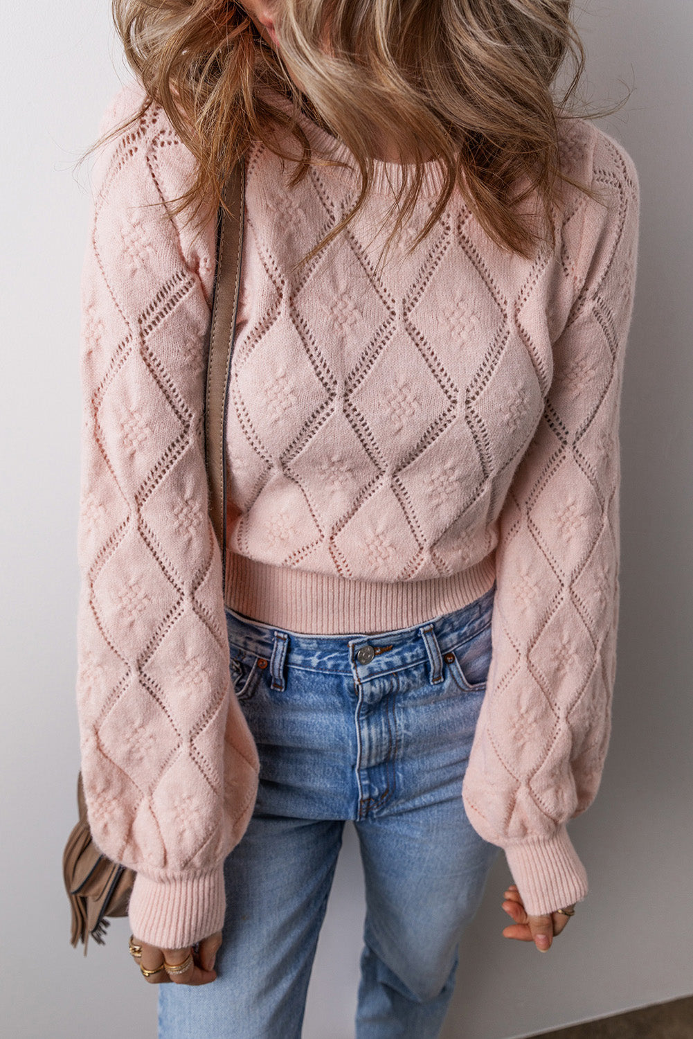 Gossamer Pink Openwork Plaid Puff Sleeve Cropped Sweater-Chaelisa's New Jammies