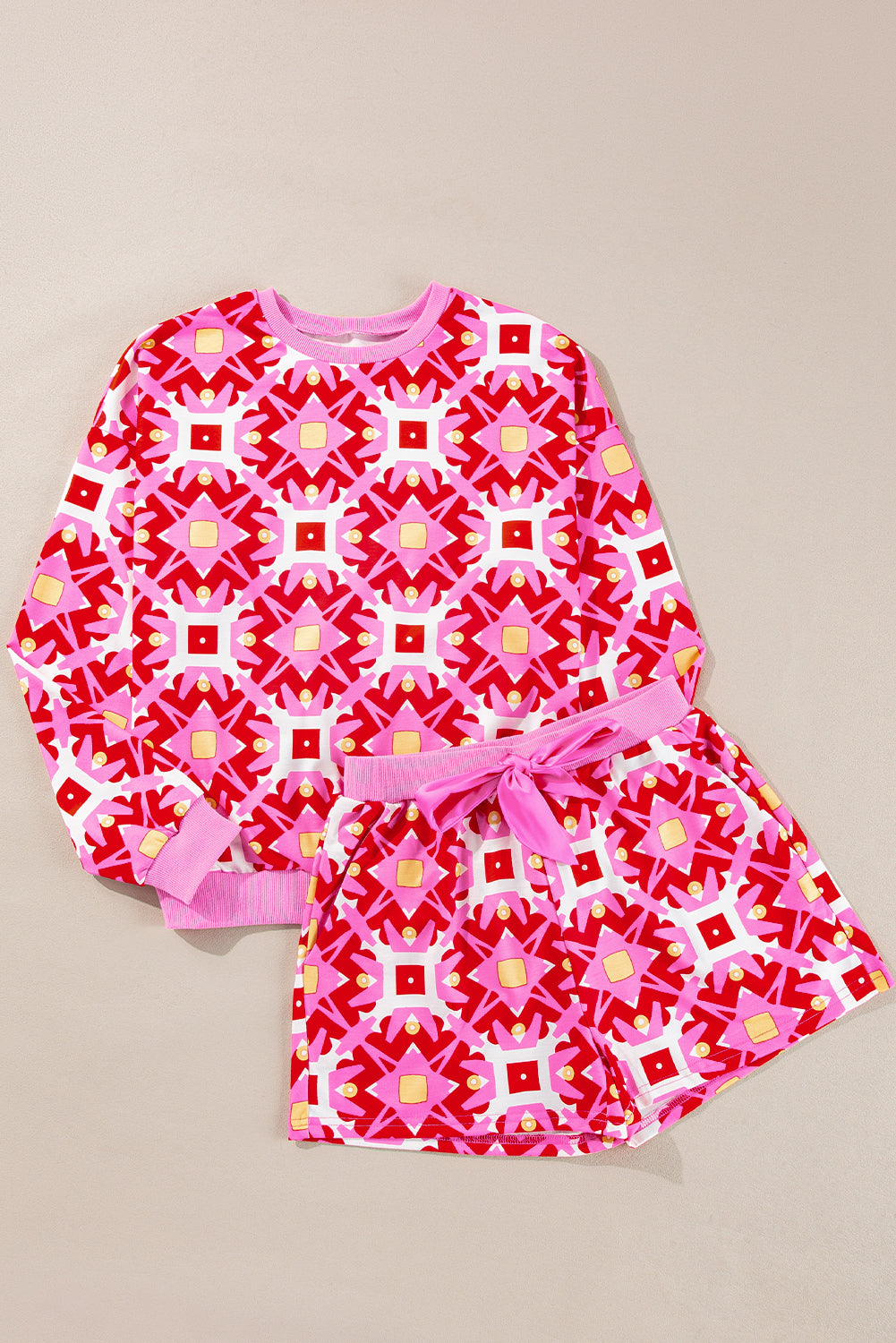 Sachet Pink Geometric Print Long Sleeve Top and Drawstring Shorts Set-Chaelisa's New Jammies