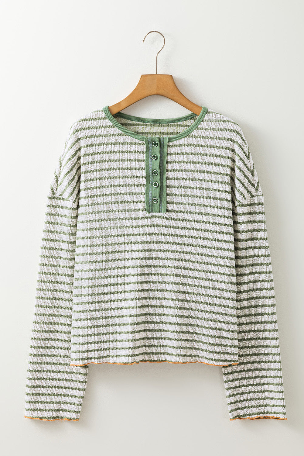 Green Stripe Textured Frilly Trim Buttons Henley Long Sleeve Top-Chaelisa's New Jammies