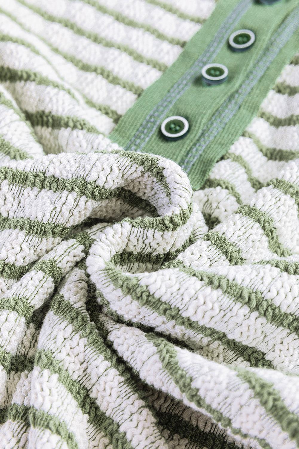 Green Stripe Textured Frilly Trim Buttons Henley Long Sleeve Top-Chaelisa's New Jammies