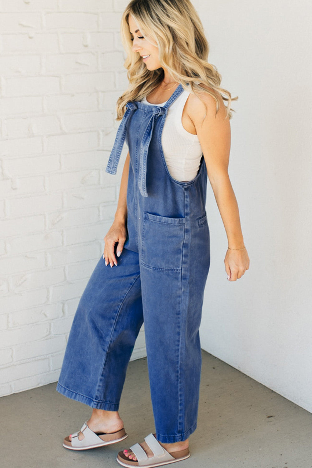 Prussian Blue Mineral Wash Knotted Strap Patched Pocket Wide Leg Denim Overalls-Chaelisa's New Jammies