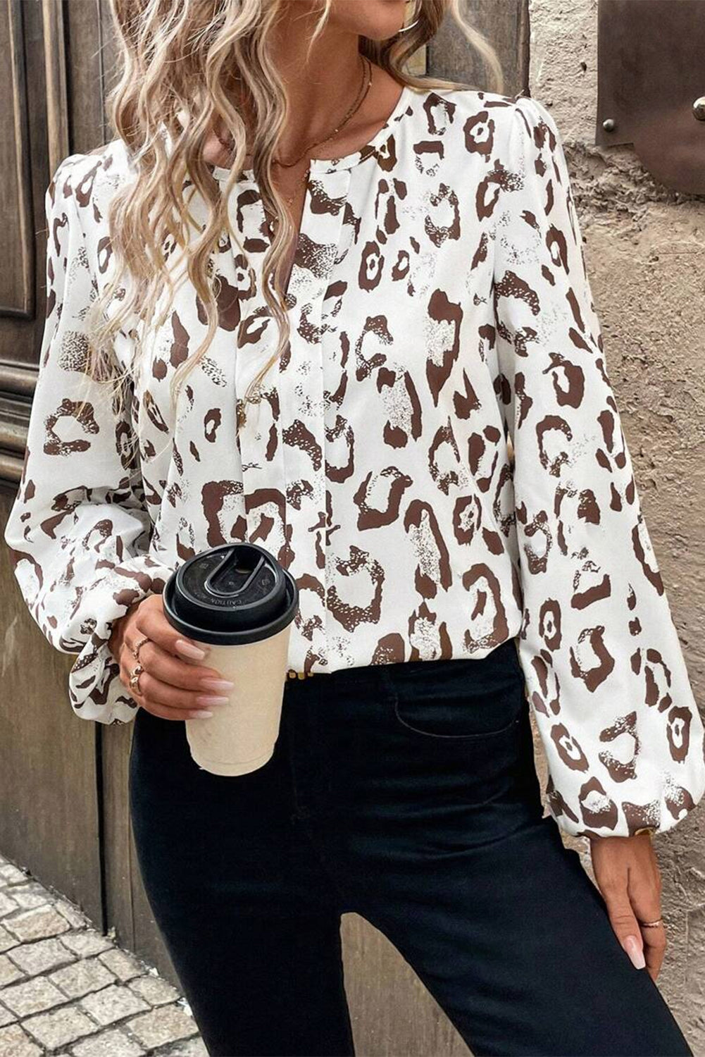 Khaki Leopard Print Split Neck Balloon Sleeve Blouse-Chaelisa's New Jammies