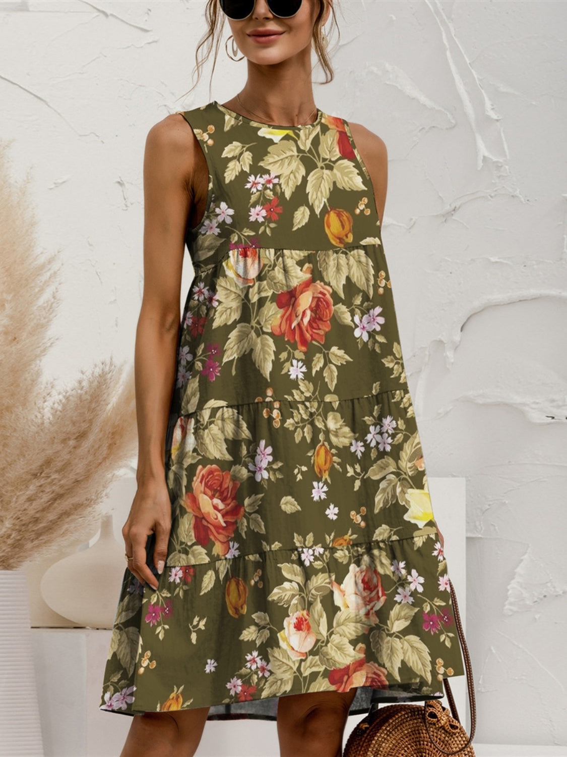Tiered Printed Round Neck Sleeveless Dress-Chaelisa's New Jammies