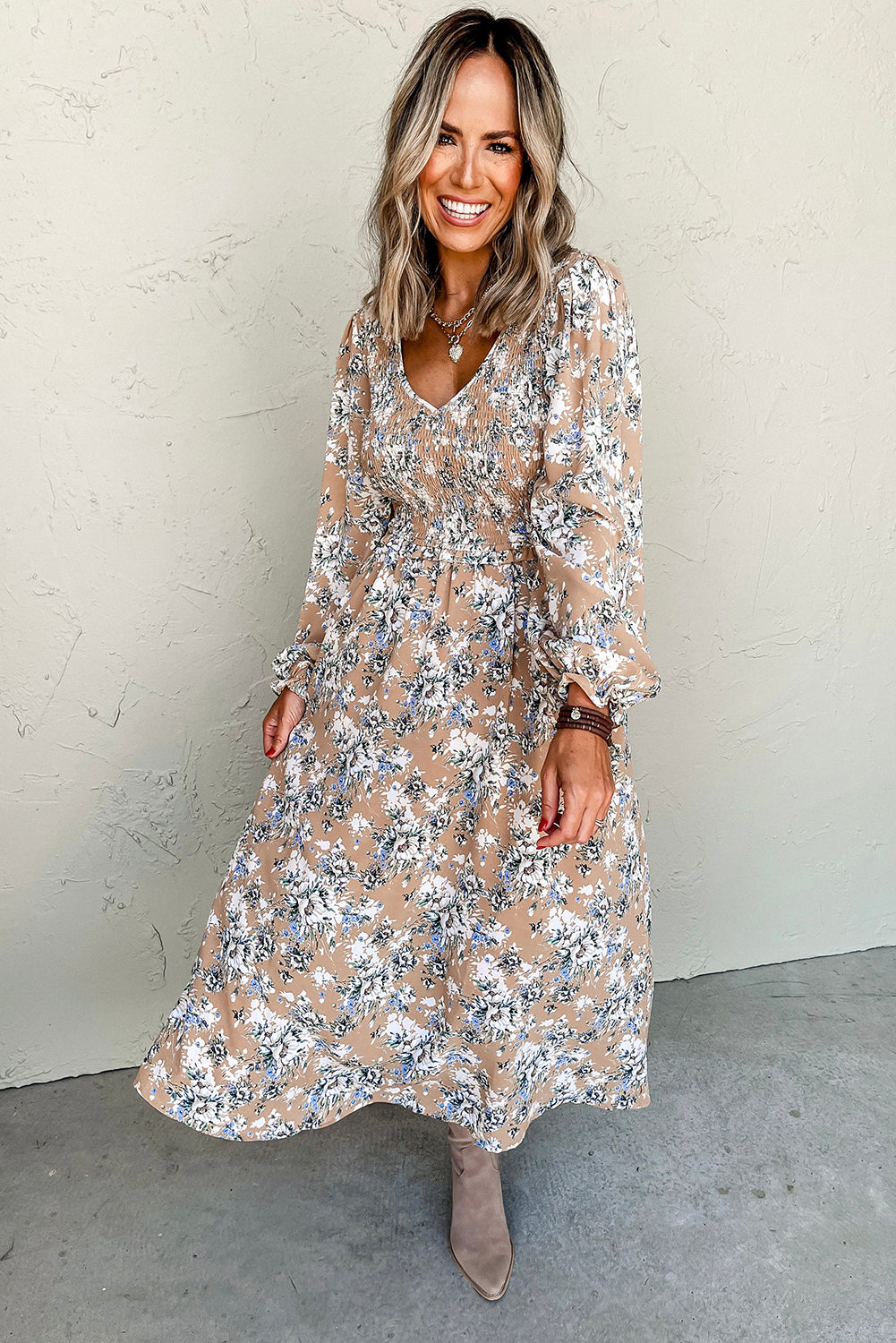 Khaki Maple Grove Floral Smocked Puff Sleeve Long Dress-Chaelisa's New Jammies