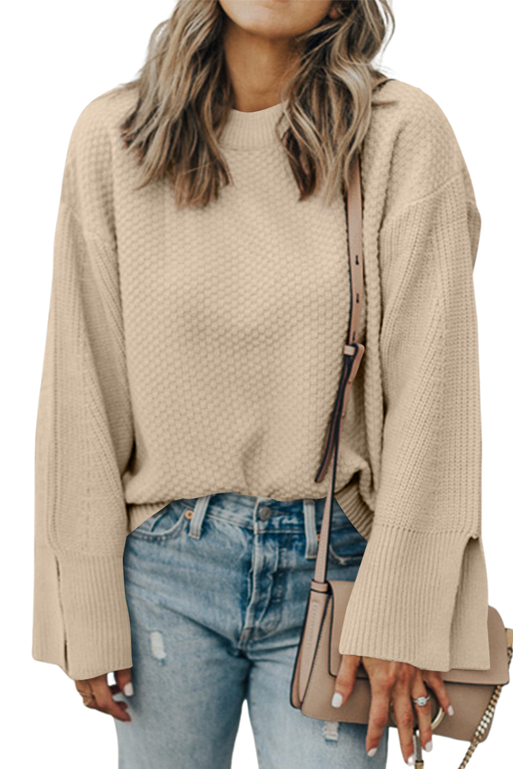 Parchment Solid Textured Knit Split Cuff Drop Shoulder Sweater-Chaelisa's New Jammies