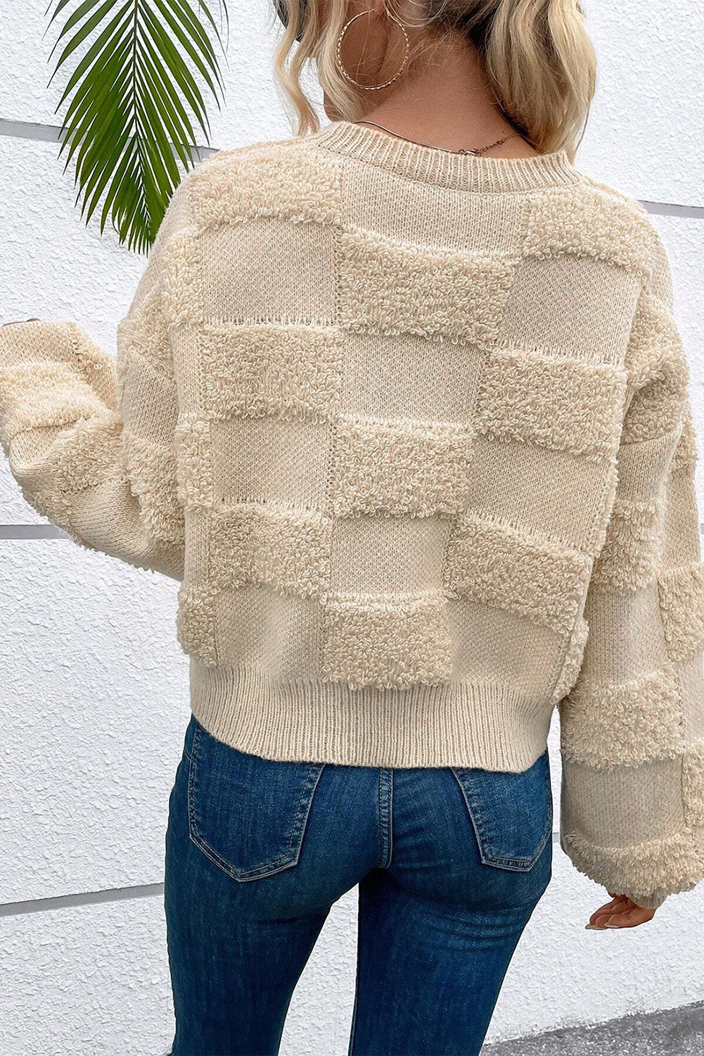 Parchment Checkered Sherpa Crew Neck Loose Sweater-Chaelisa's New Jammies