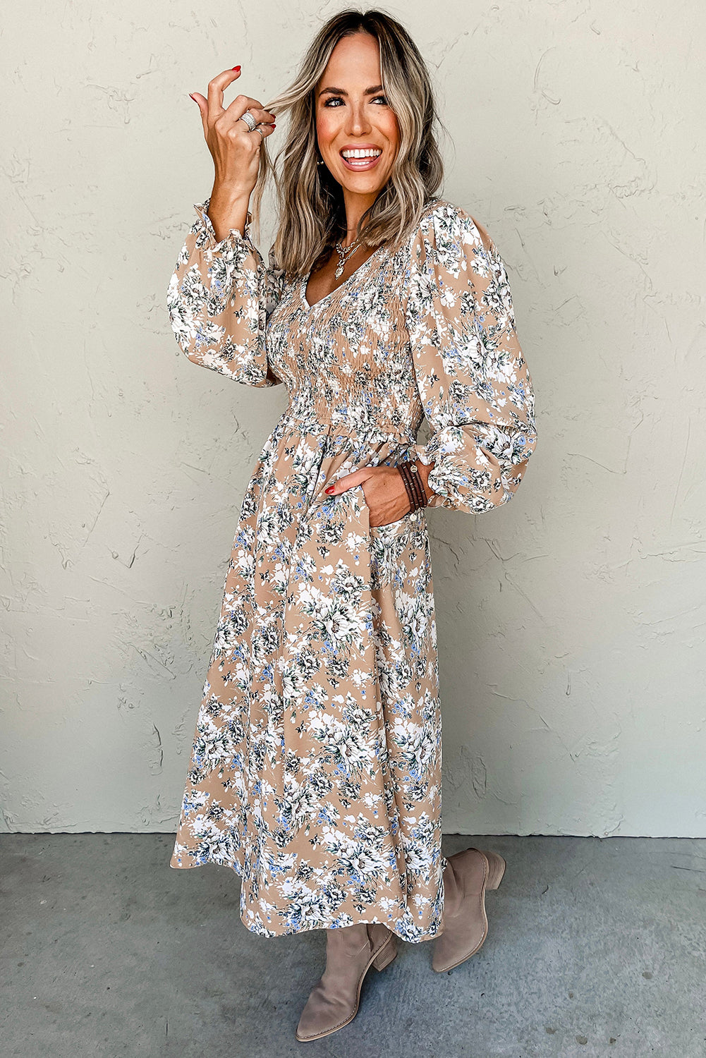 Khaki Maple Grove Floral Smocked Puff Sleeve Long Dress-Chaelisa's New Jammies