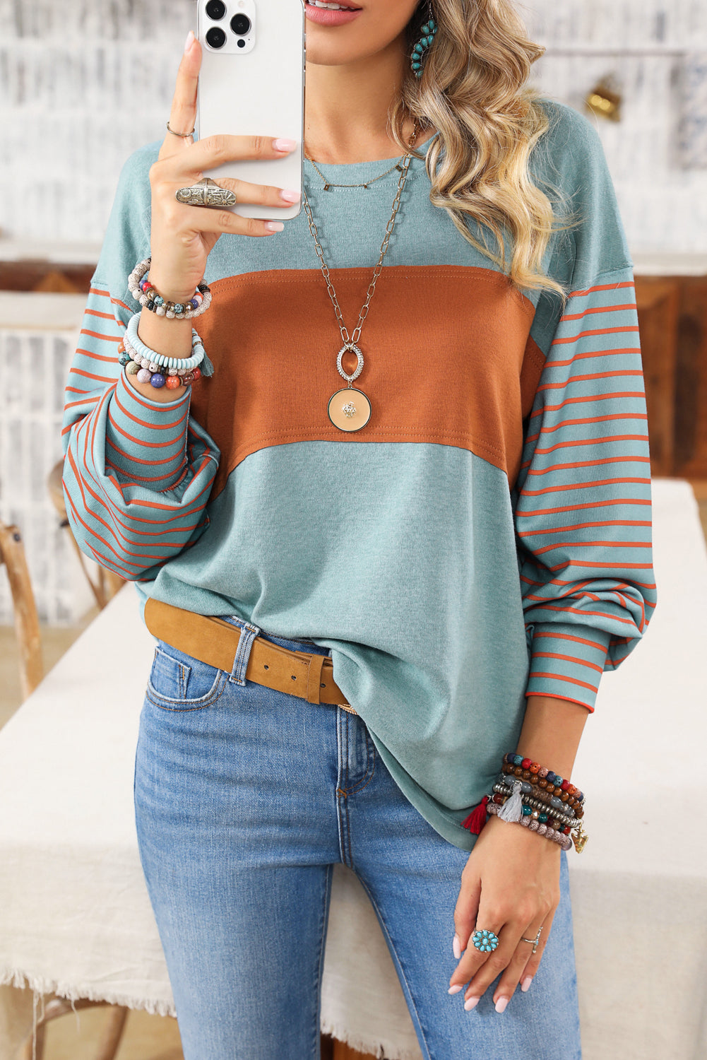 Peach Blossom Colorblock Striped Bishop Sleeve Top-Chaelisa's New Jammies