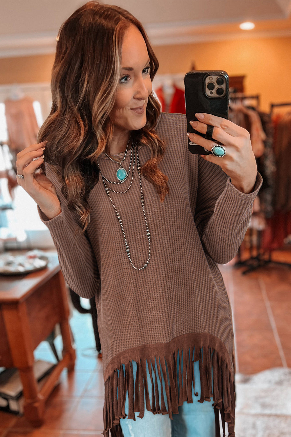 Coffee Waffle Knit Fringed High Low Loose Top-Chaelisa's New Jammies