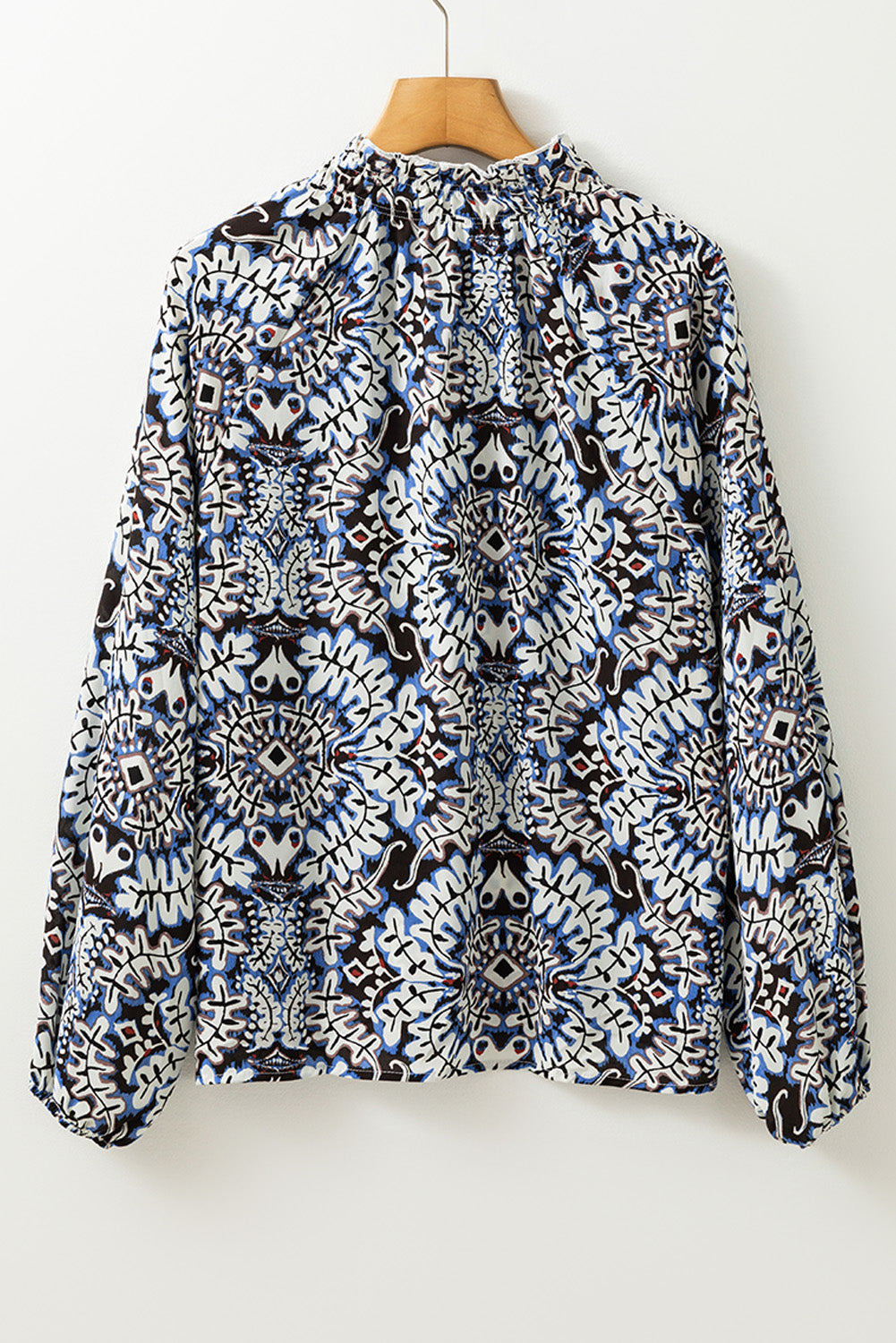 Blue Tribal Print Lace-up Frilled Neck Puff Sleeve Blouse-Chaelisa's New Jammies