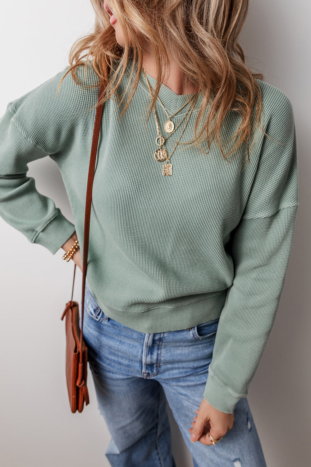 Clearly Aqua Waffle Knit Drop Shoulder V Neck Top-Chaelisa's New Jammies