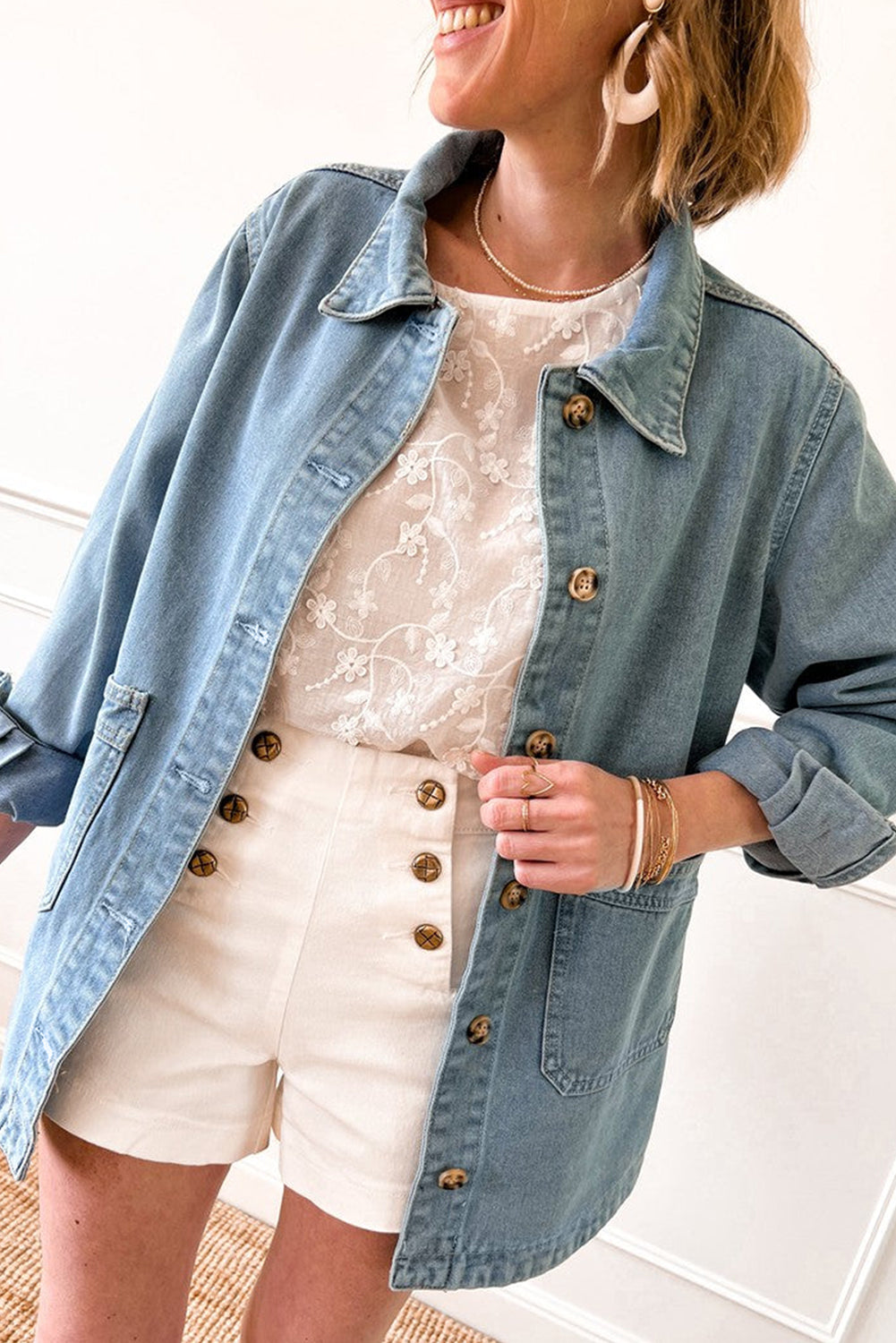 Dusk Blue Slit Buttons Pocketed Denim Jacket-Chaelisa's New Jammies