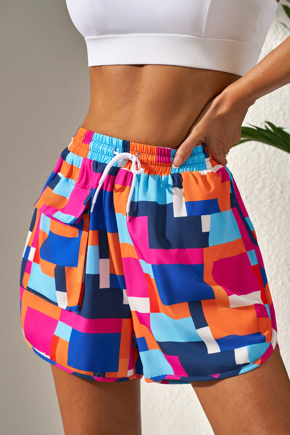 Rose Geometric Printed Drawstring Waist Beach Shorts with Pockets-Chaelisa's New Jammies