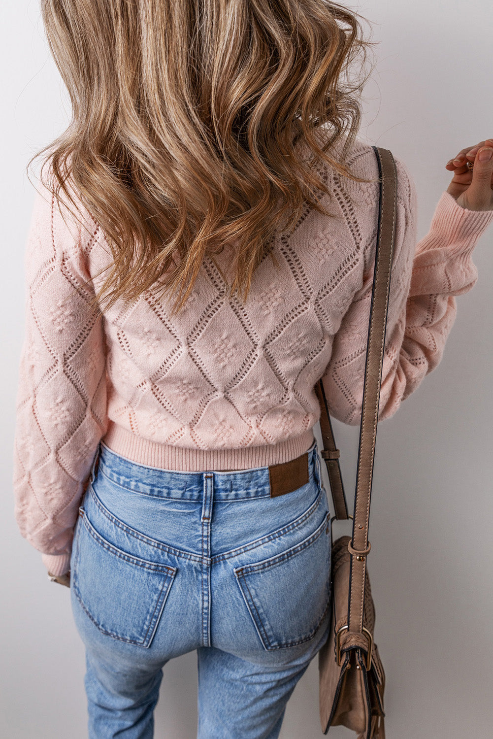 Gossamer Pink Openwork Plaid Puff Sleeve Cropped Sweater-Chaelisa's New Jammies
